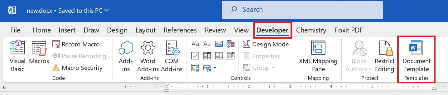 document template button in developer tab