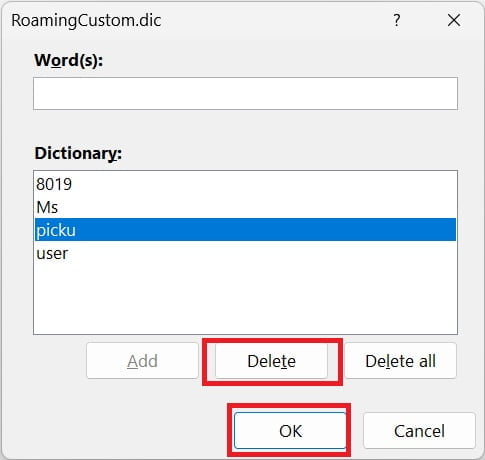 delete word in dictionary in Ms Word