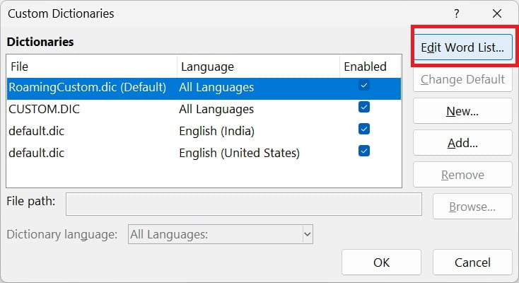 edit words in dictionary of Ms Word