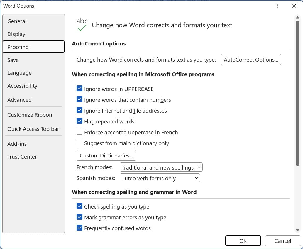 spelling and grammar check error options and setting in Ms Word