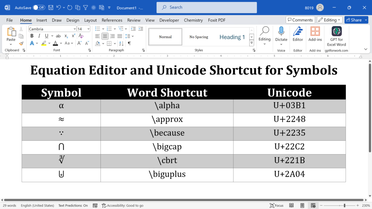 Ms Word symbol shortcut