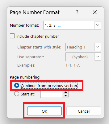 continuous page number after section break 