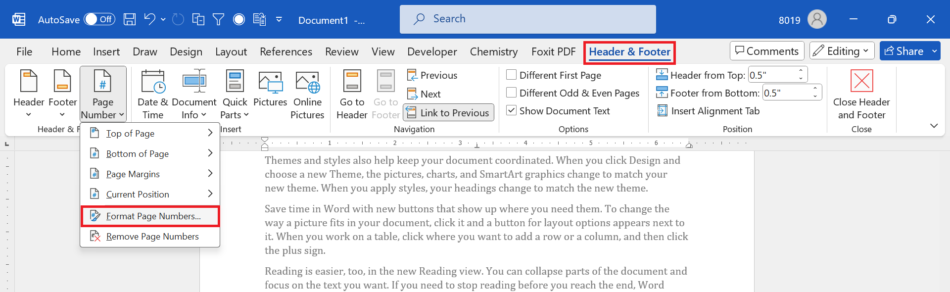 format page number settings