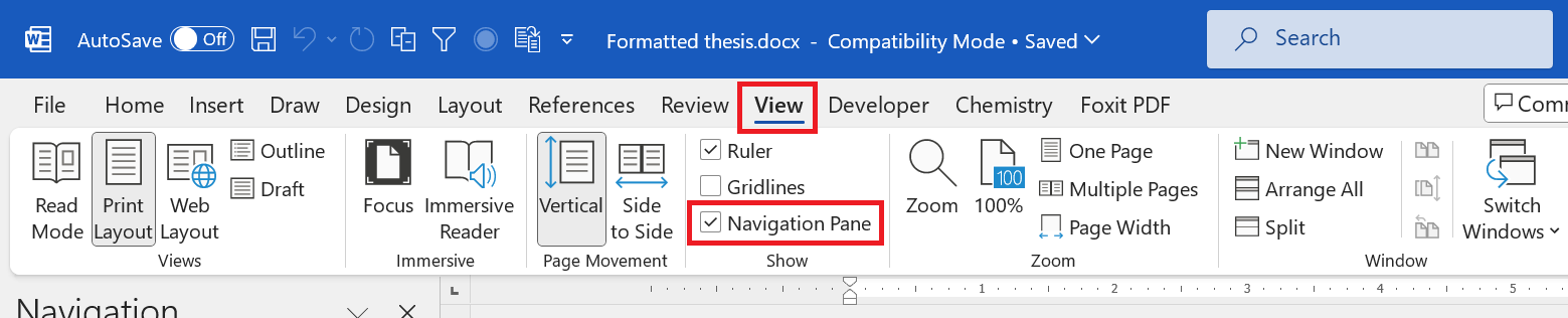 insert navigation pane in word