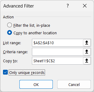 remove duplicate value with advanced filters of excel