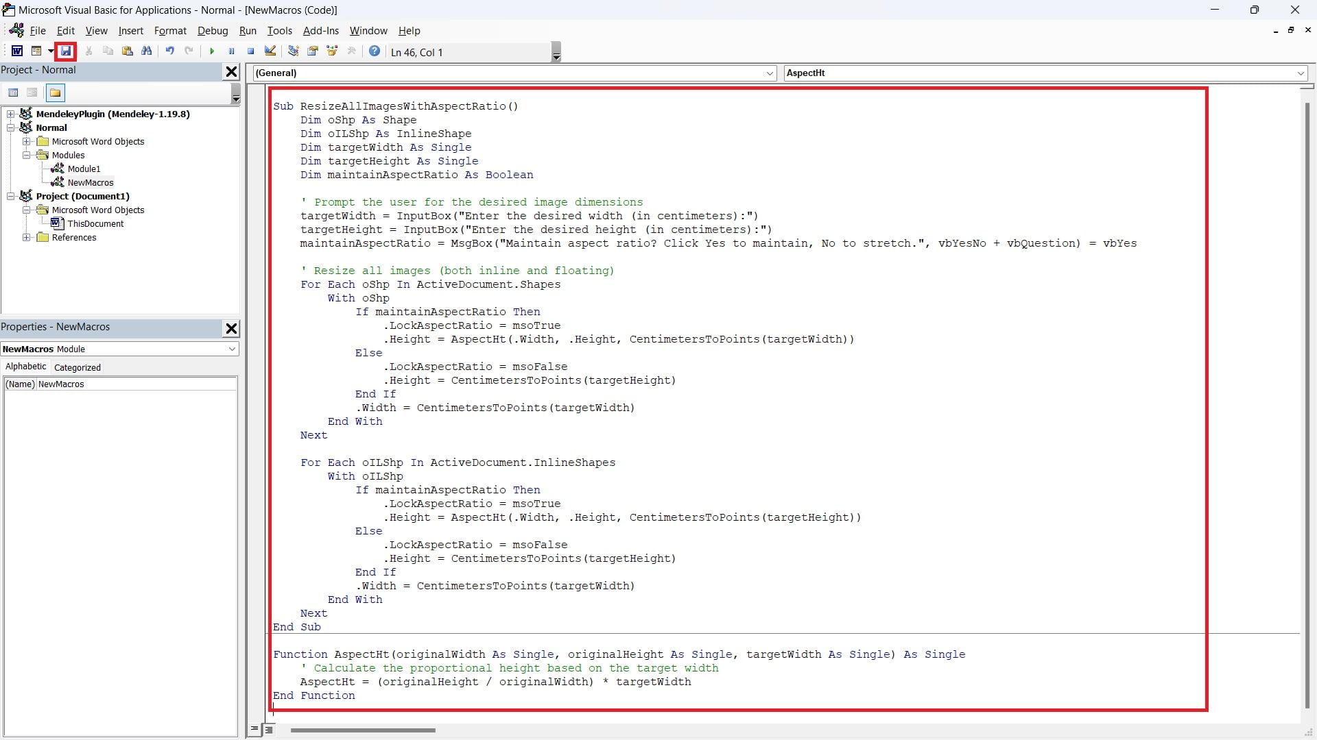 Insert macro to resize all images in Ms Word