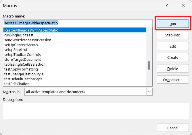 Run macro to resize all images to same size