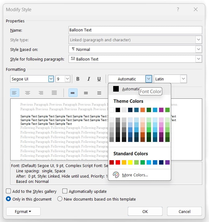 ballon text formatting option