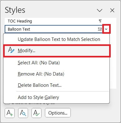 ballon text style option