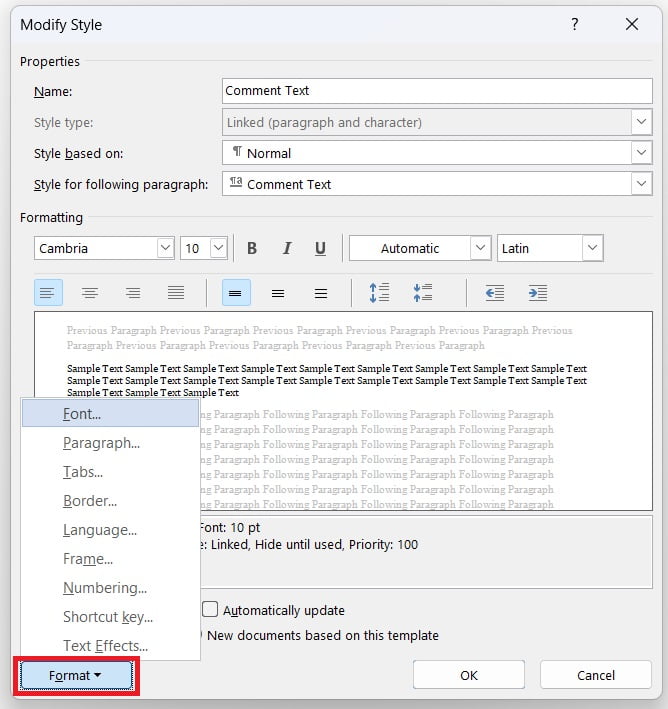 formatting options in for comment text styles