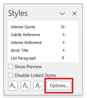options in style menu