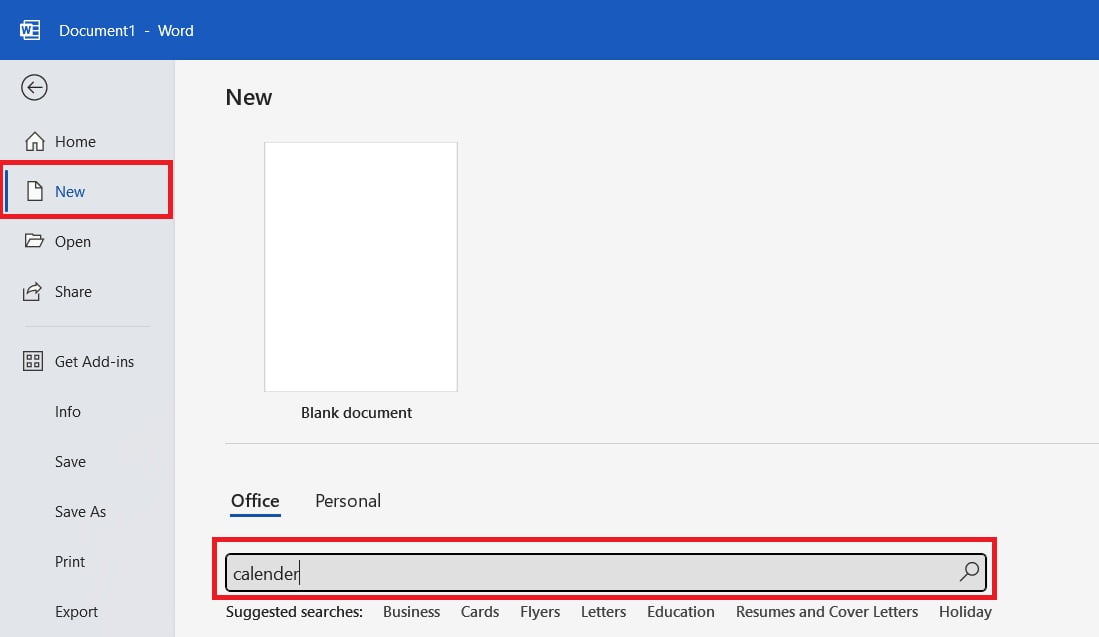 search calendar template in Ms Word