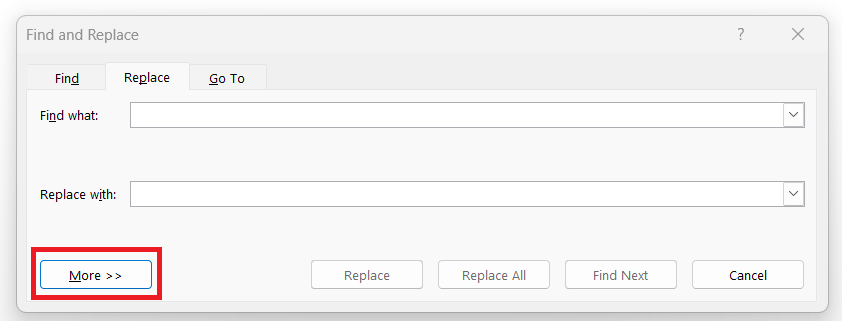 more option in find and replace