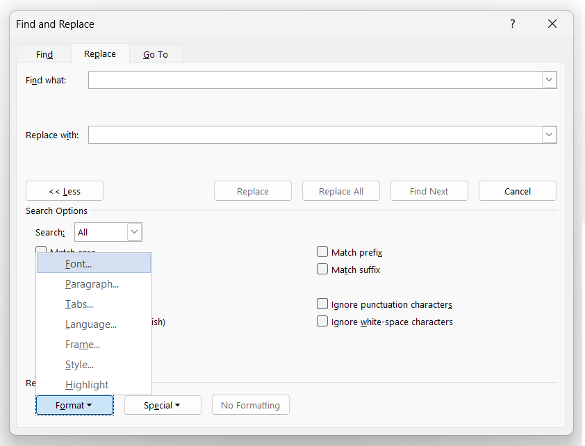 select font option from format