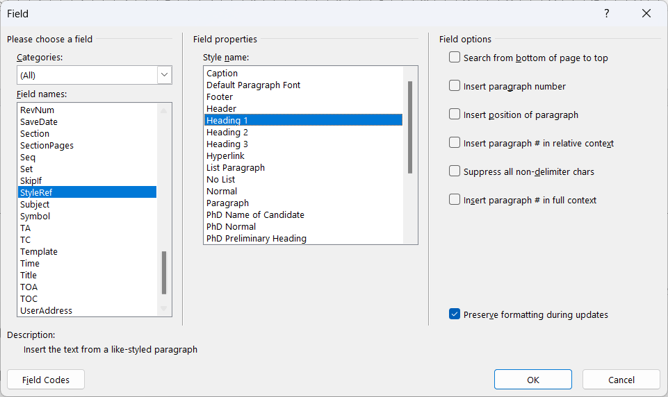 selecting heading 1 to be automatically included in heading