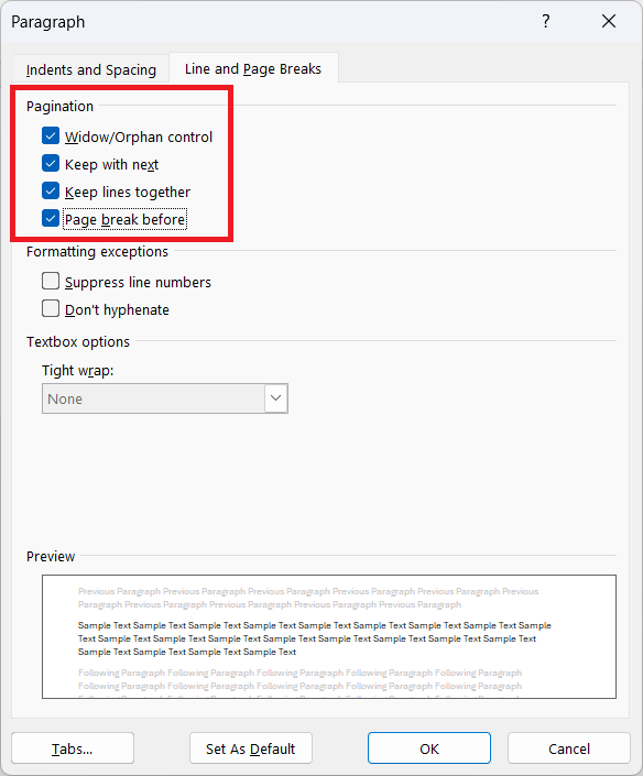 pagination options that leads to text moving to next page