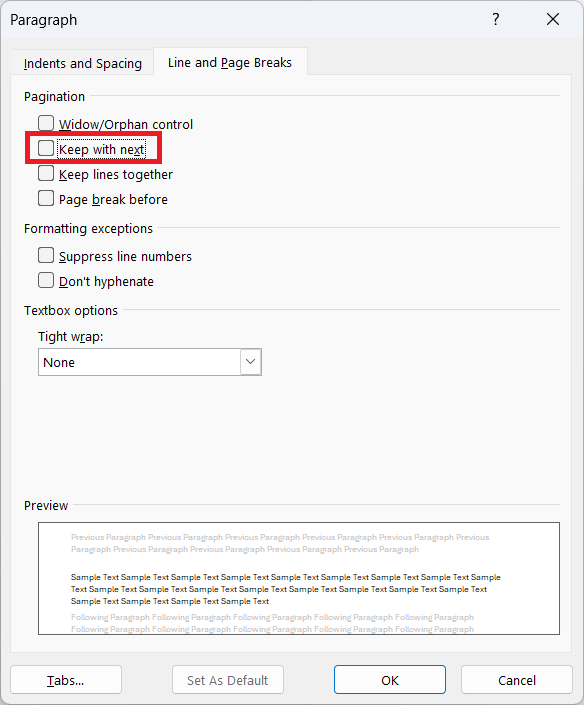 uncheck keep with next