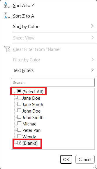 How to filter blank cells in Excel