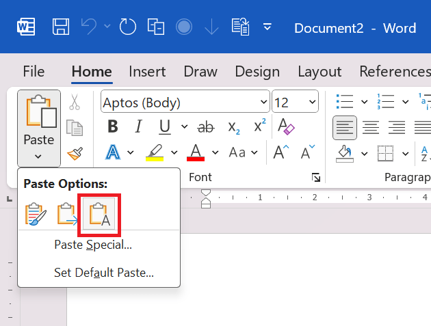 ms word paste keep text only shortcut