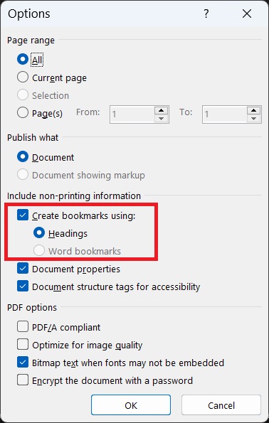 Setting to save word document to create pdf with bookmark using heading.