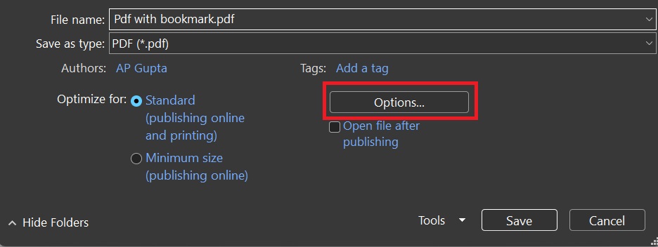 additional setting to create pdf with bookmark