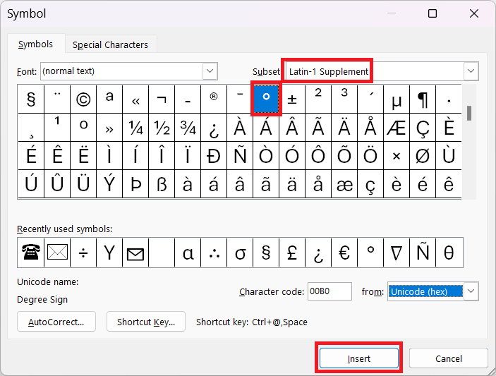 where is degree symbol in Word