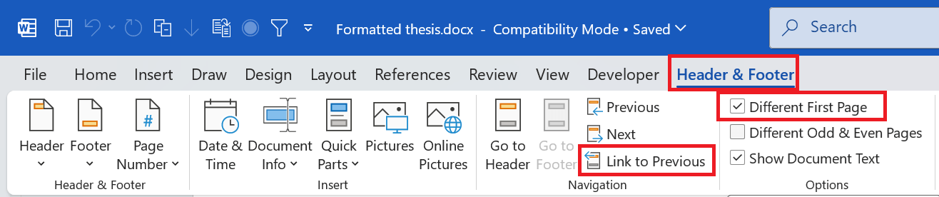 different first page option in Ms Word