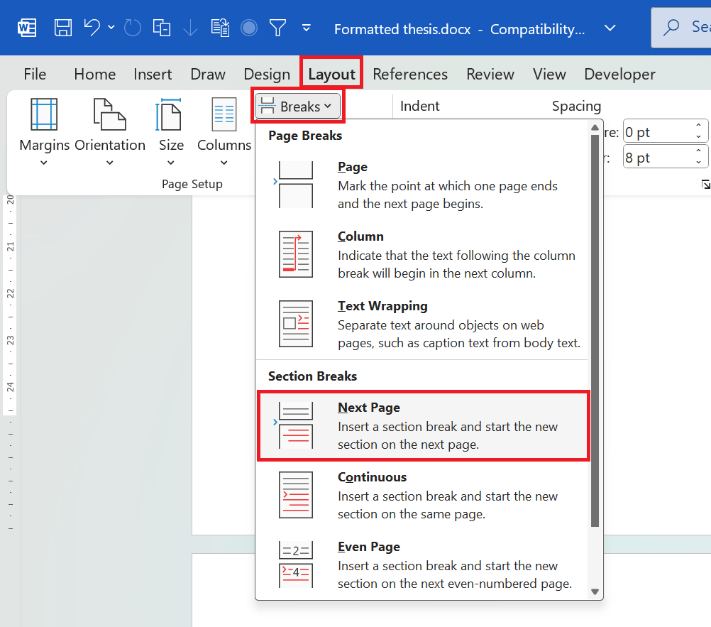 Section break in Ms Word