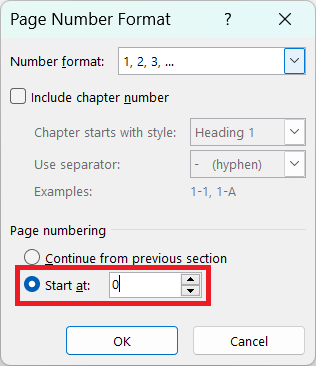 set starting page number in Ms Word